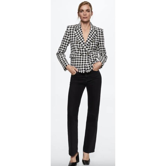 MANGO Houndstooth Wool Blend Frayed Hem Blazer Academia Black White - Size S NWT - Picture 2 of 14